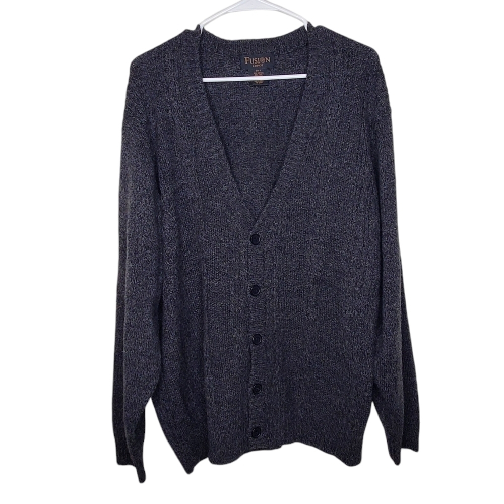 Fusion Men's Charcoal Gray Button Down Cardigan Sweater Sz Lg, Wool Blend